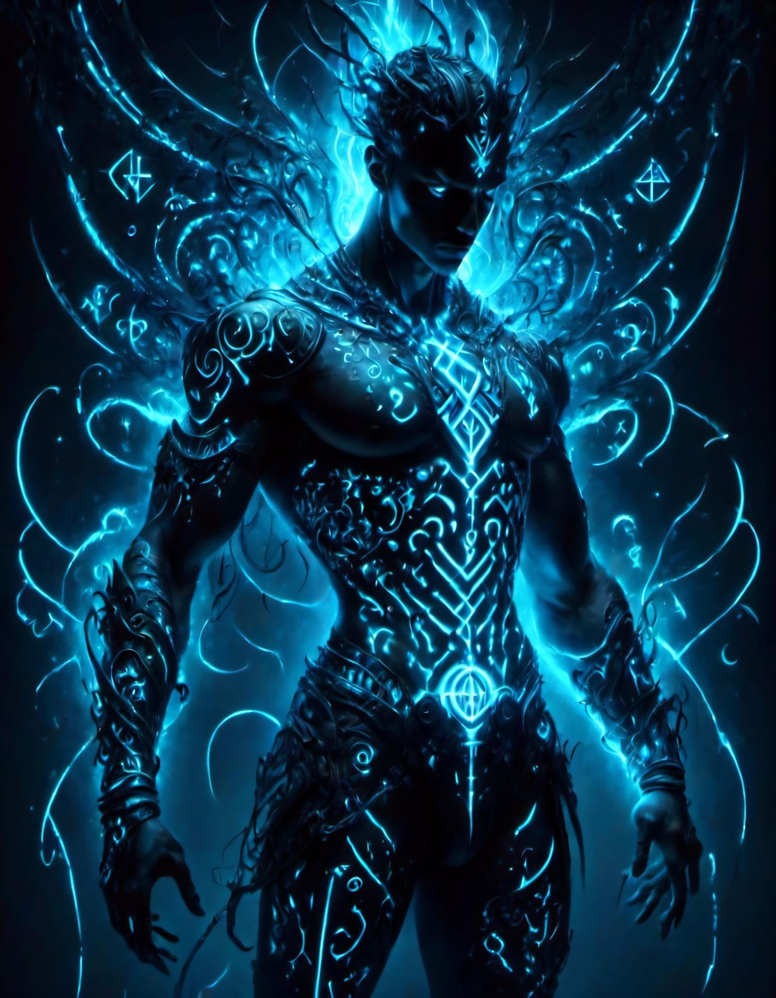 Futuristic Hologram with Glowing Runes in Tron Style
