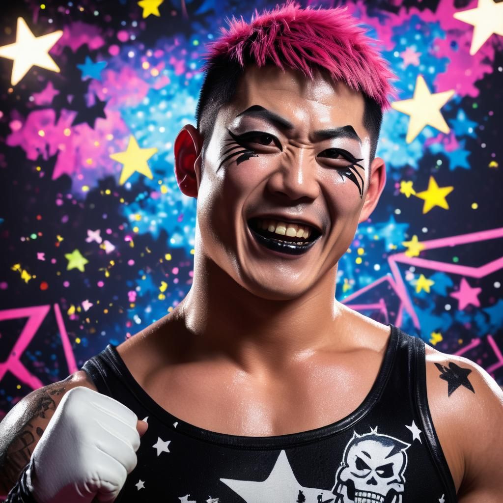 Punk Goth Wrestler with Falling Stars, Hyperrealistic Art
