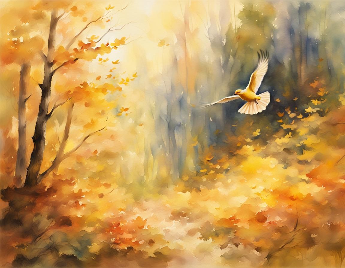 Bird in Flight Over Golden Autumn Forest as Impressionist Pa...