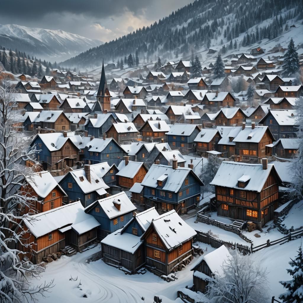 Winter Village Digital Matte Painting in Fantasy Style