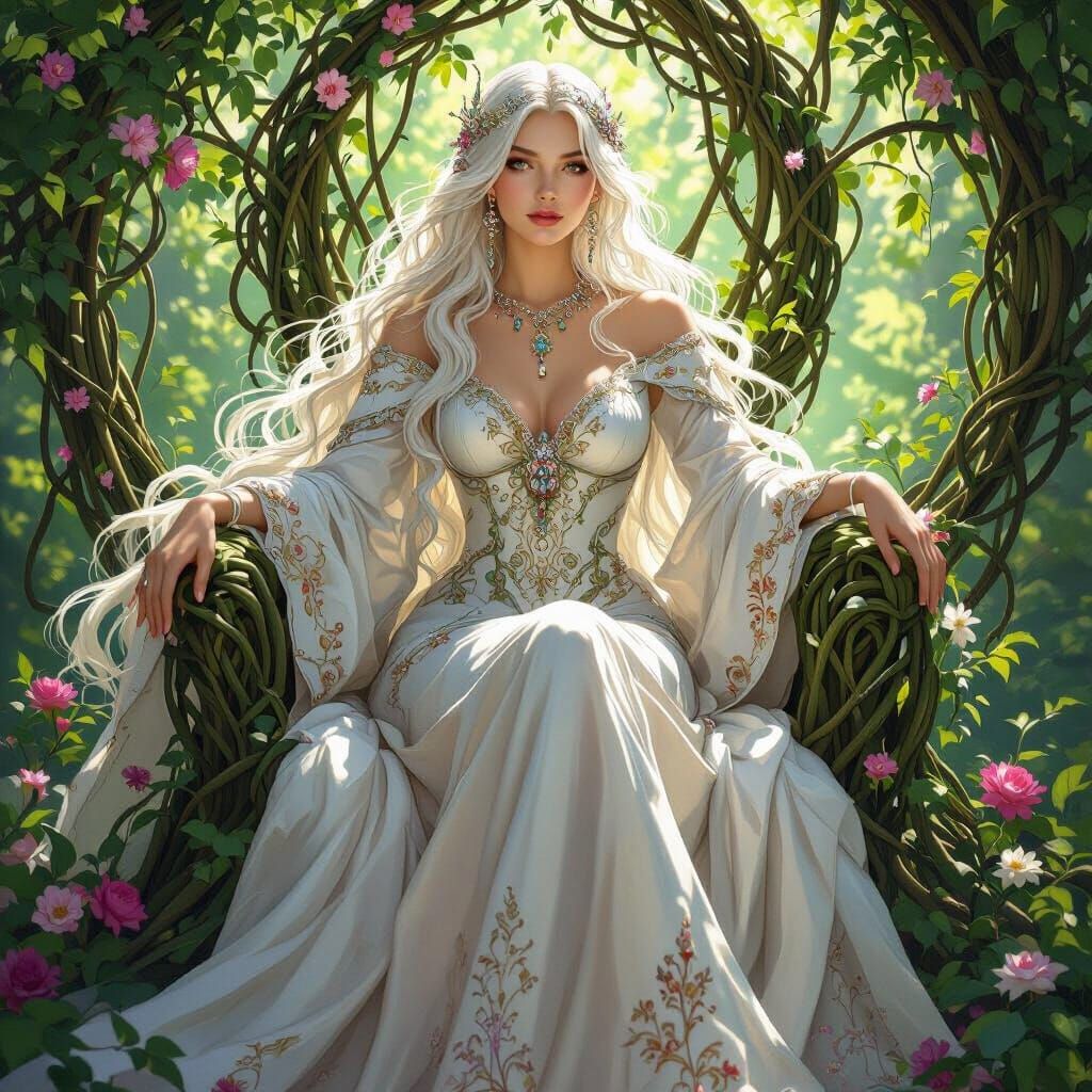 Regal Queen on Floral Throne in Art Nouveau Style