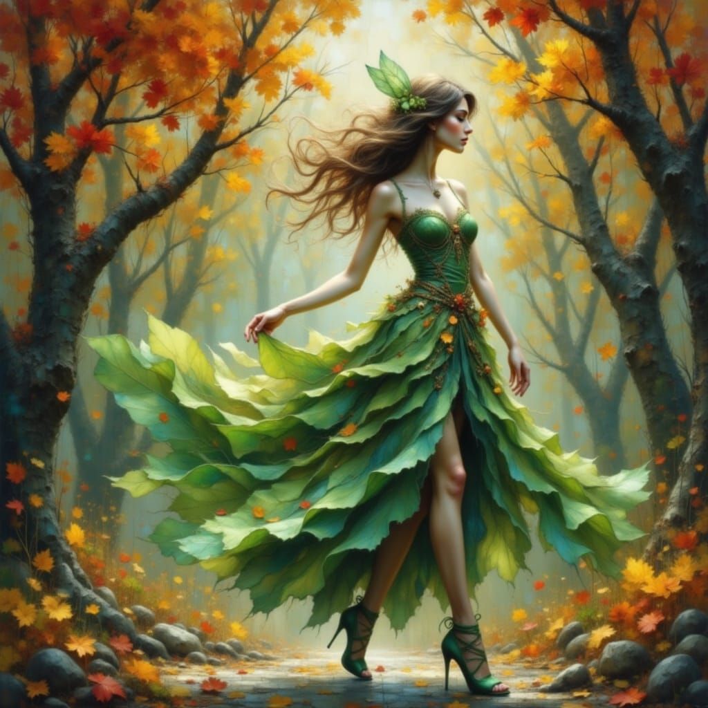Dancing Autumn Fairy in Mystical Forest