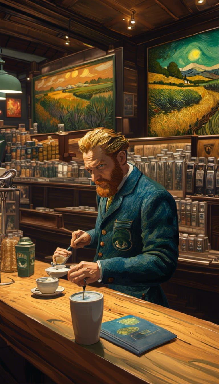 Van Gogh Style Barista in Coffee Shop