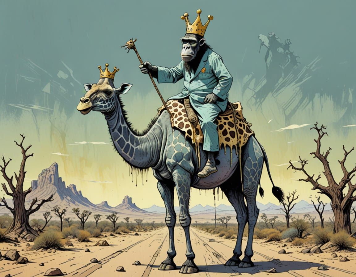 Comically Arrogant Ape Reigns Over Satirical Desert Landscap...