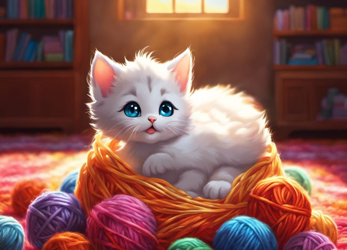 Cute Kitten in Yarn Pile: 3D Render