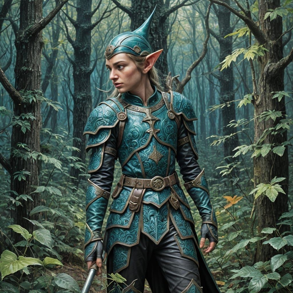 Surreal Elf in Dark Forest: Oil Painting
