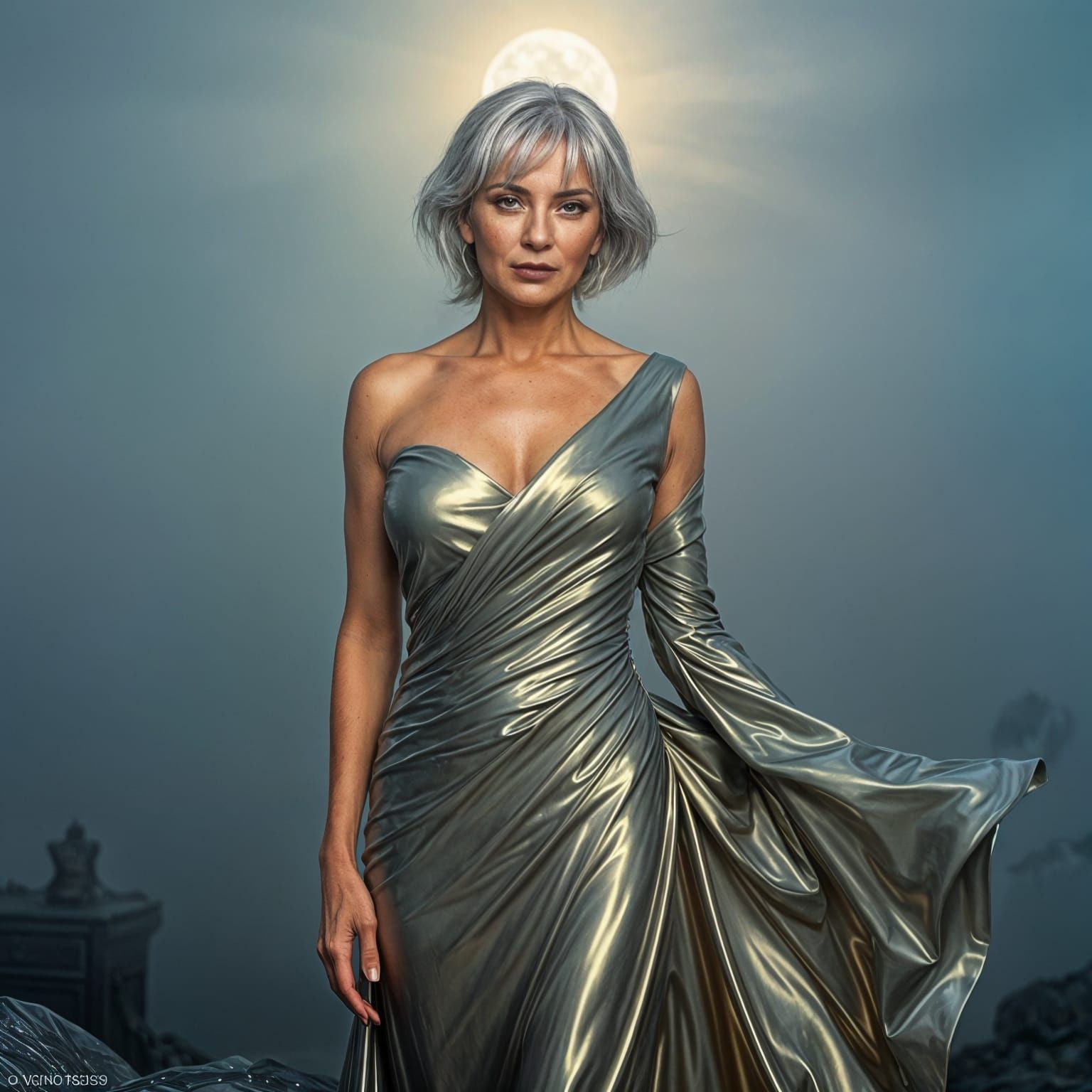 Elegant Older Woman in extravagant Liquid Latex Gown