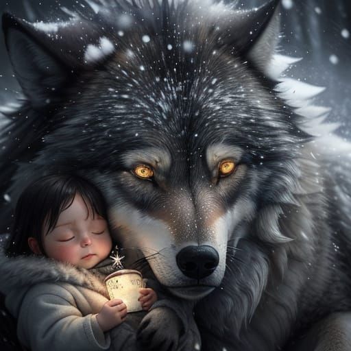 Heartwarming Scene of Toddler Sleeping on Giant Wolf