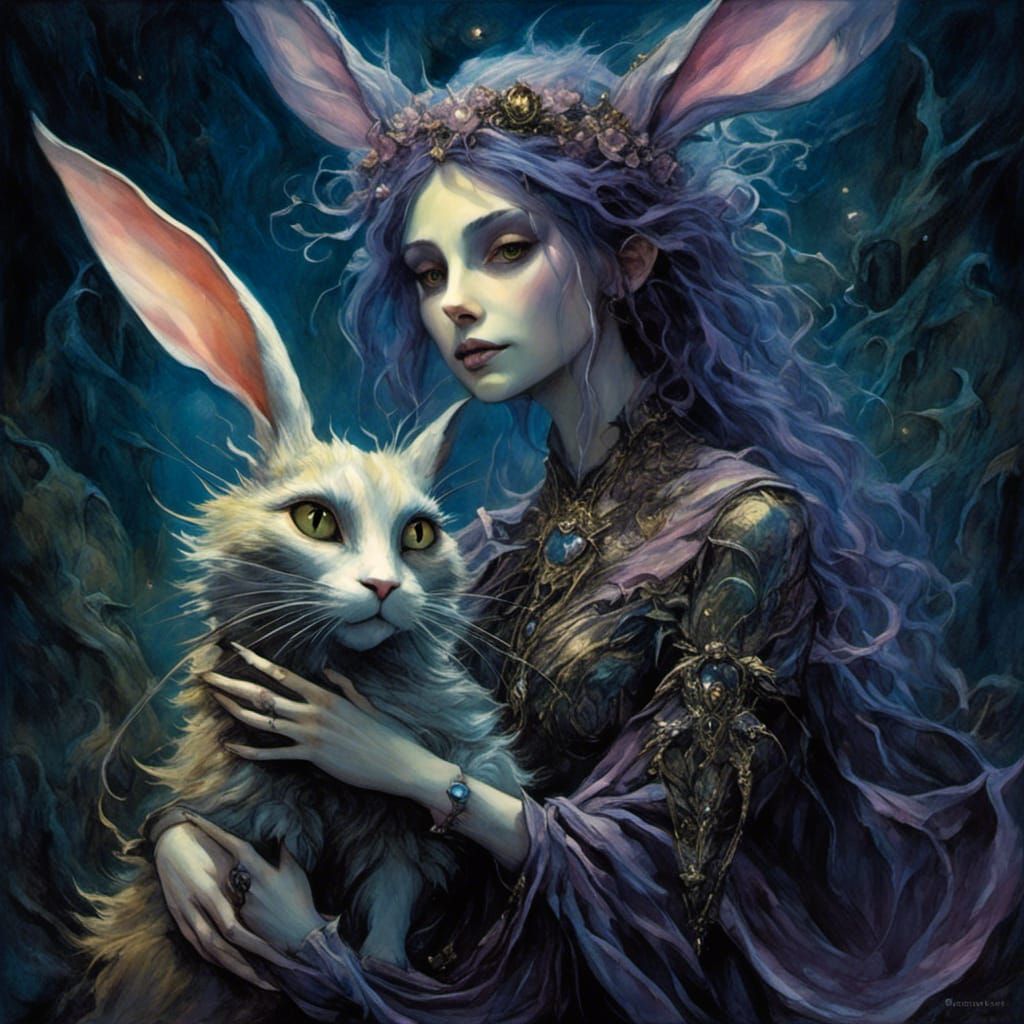 <lora:Dusklings:1.0>  fey princess  Sera holding a cat creat...