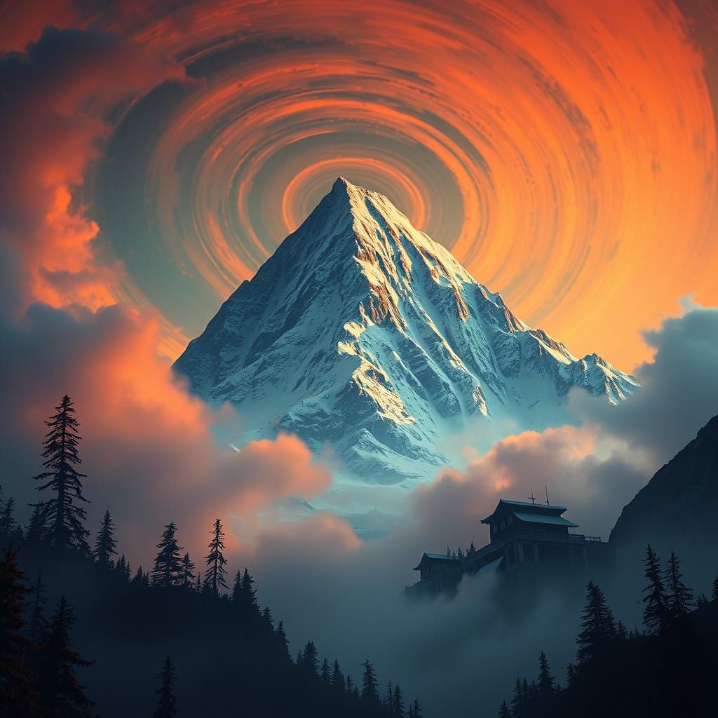 Surreal Mountain Landscape with Ancient Peak and Vibrant Sky