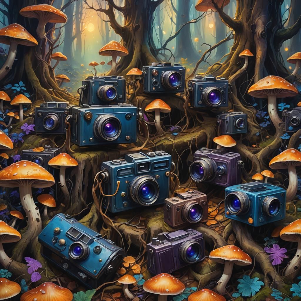 Mystical Cameras in Forest, Oil Painting Concept Art