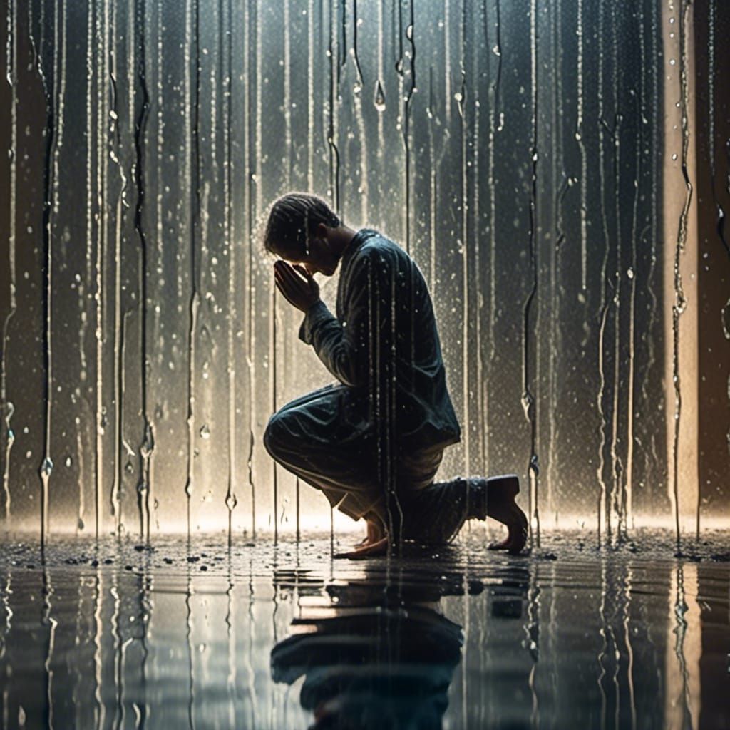 Distorted Prayer: Surreal Reflections in Rain-Streaked Glass