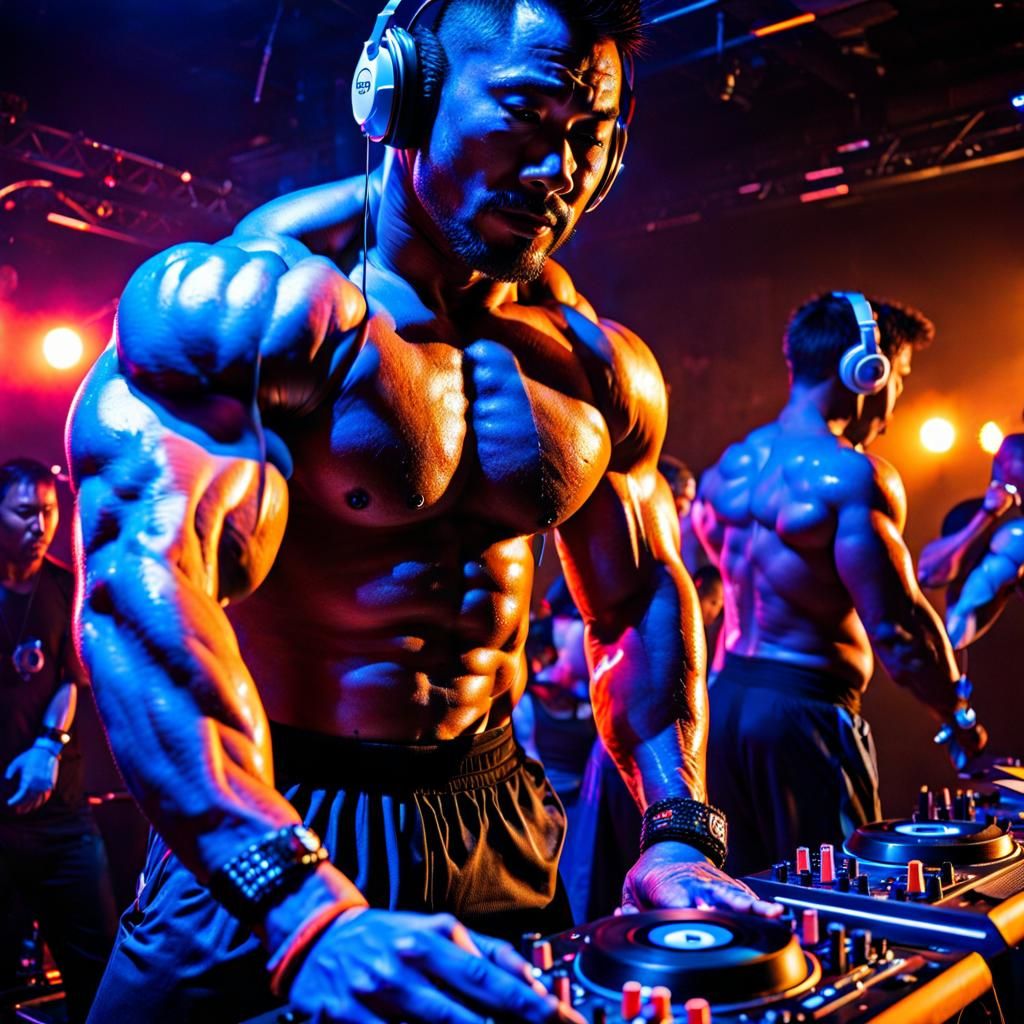 Giant Bodybuilder DJ in Neon Club