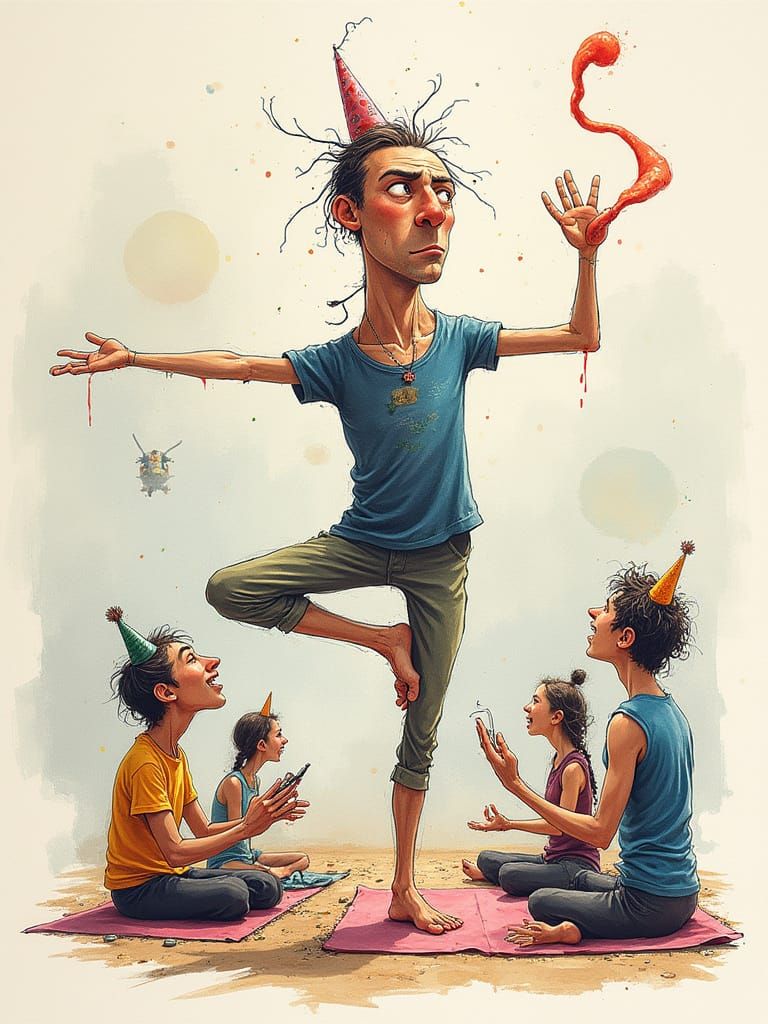 Surreal Yoga Party Sketch in Wild, Otherworldly Style