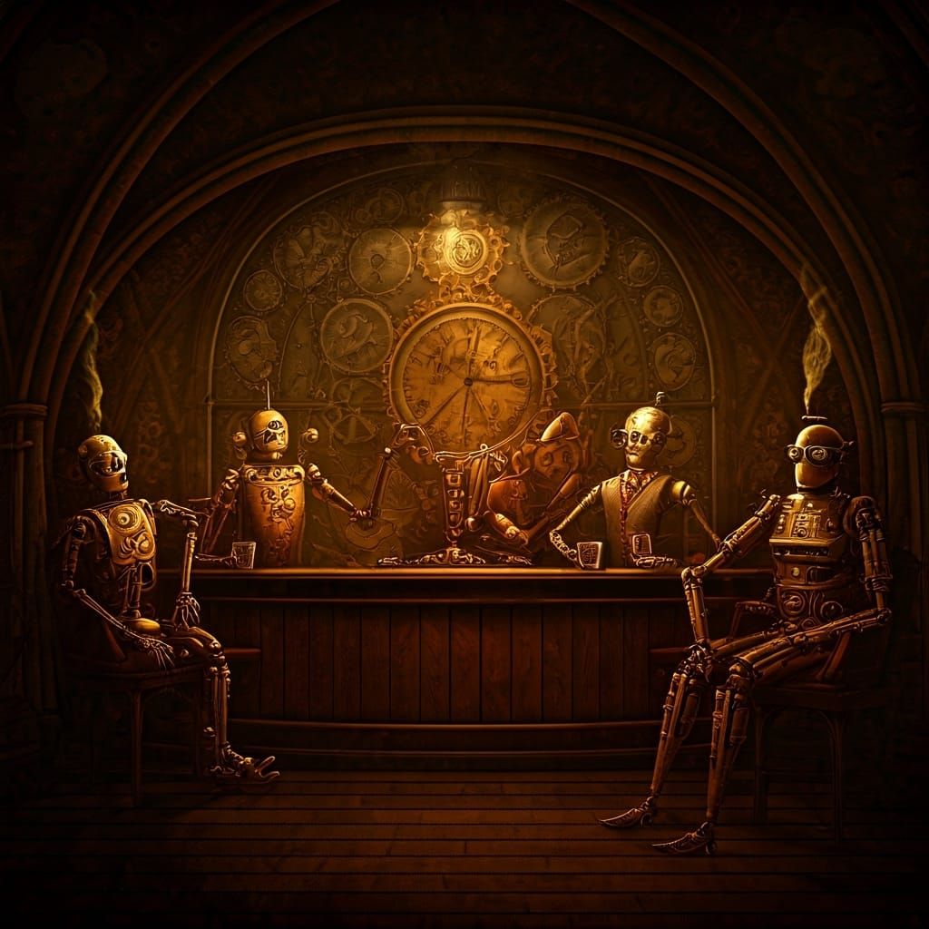 Clockwork Automatons in Steampunk Speakeasy, Film Noir Style