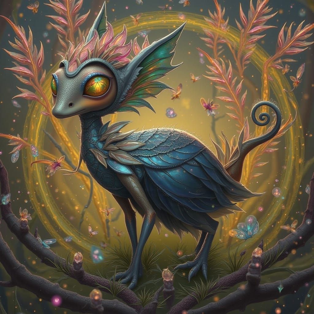 Fantastical Lizard-Mammal Creature in Mystical Forest
