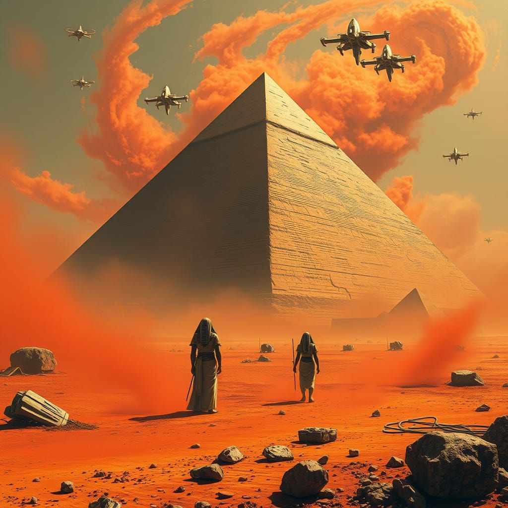 Egyptian Pyramid Builders on Mars in Futuristic Sci-Fi Style