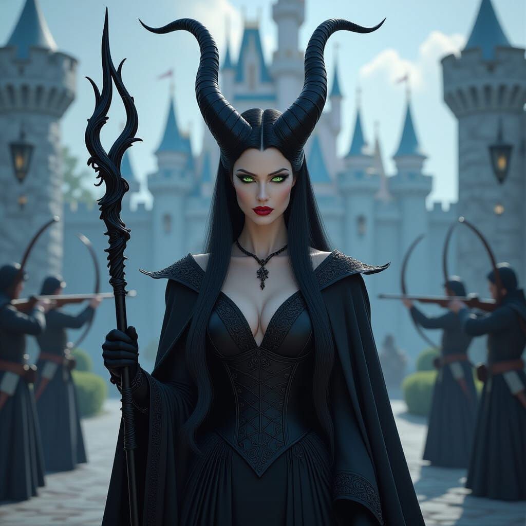 Maleficent Portrait with Horns and Castle in Dynamic Lightin...