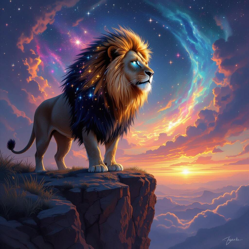 Lion with Star Mane Overlooking Galaxy in Digital Painting S...