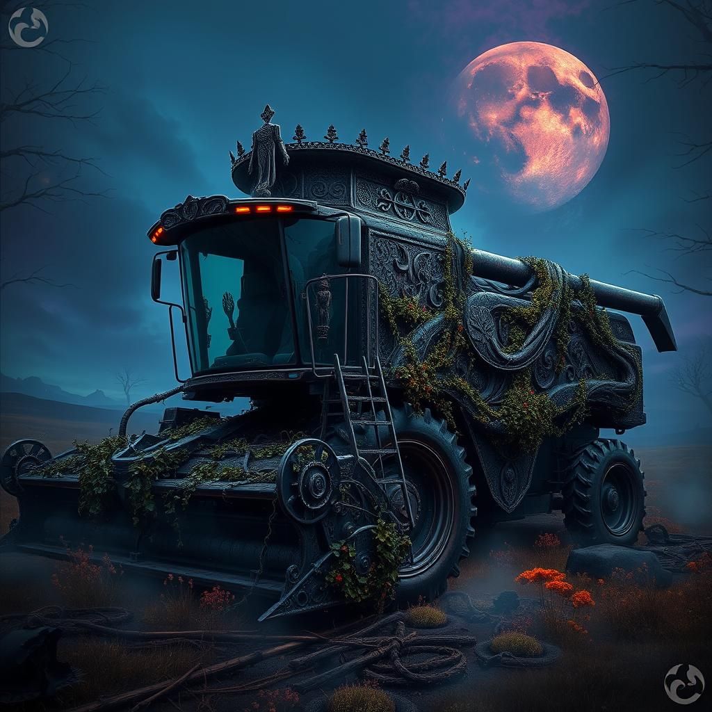 Mystical Gothic Combine Harvester in Dark Fantasy Landscape