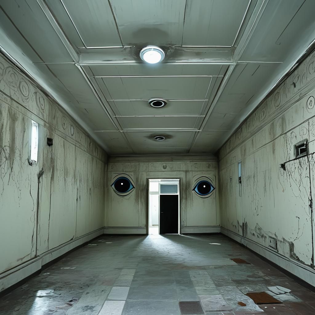 Surreal Liminal Room Dominated by Eyes