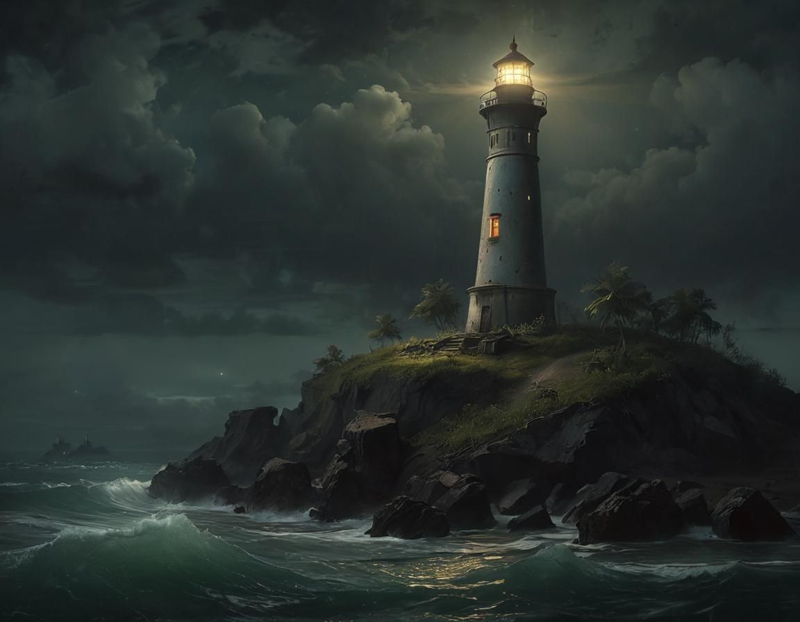 Cybernetic Lighthouse at Midnight: Gloomy Digital Art