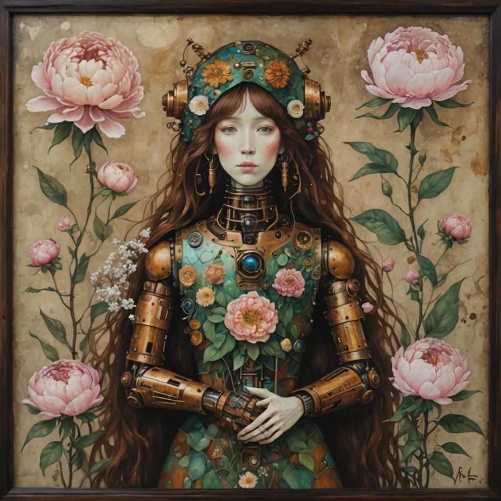 Female Robot with Peonies in Alcohol Ink Style