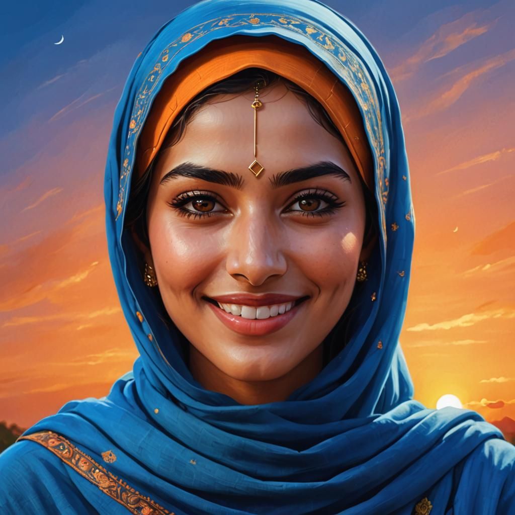 Pakistani Girl Portrait with Headscarf and Sunset
