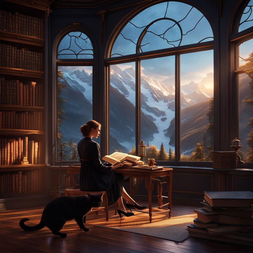Cozy Library Scene with Woman and Cats