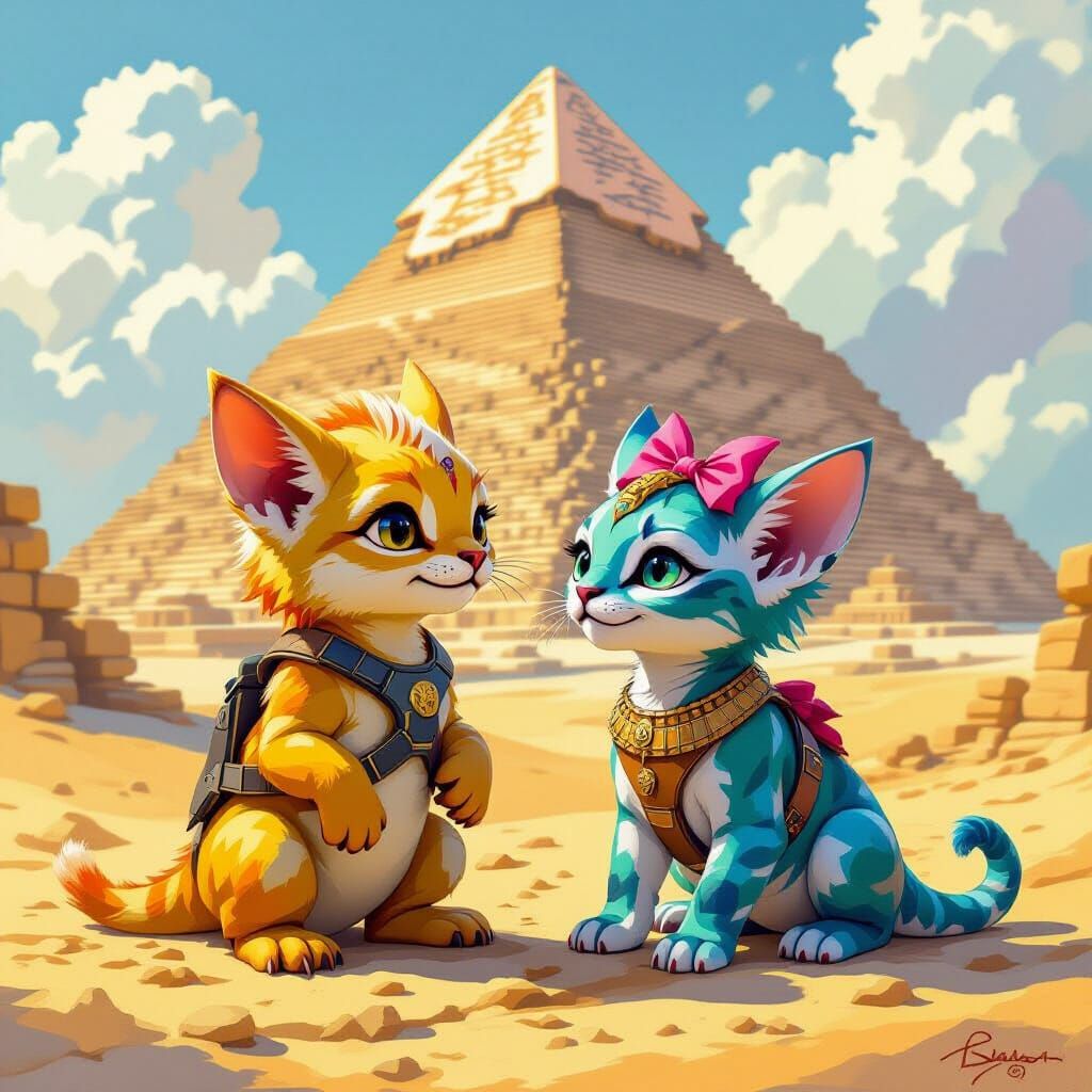 Baby Griffin and Sphinx Play by Pyramid