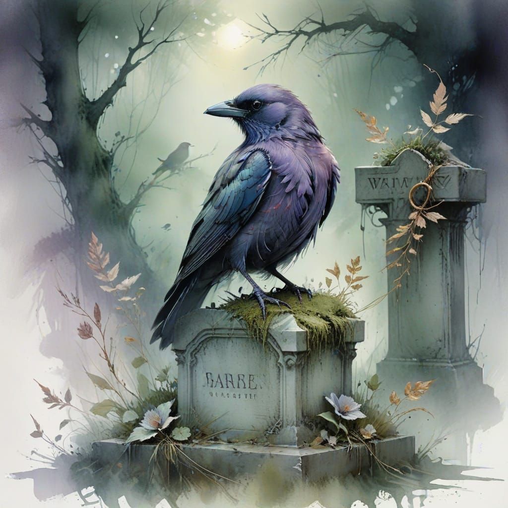 Ethereal Watercolor Raven on Tombstone in Drifting Fog