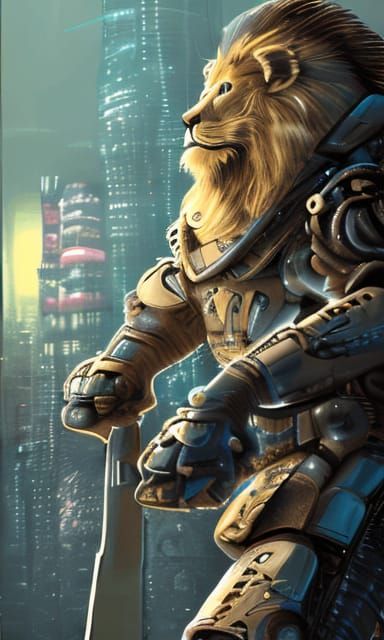 Cyberpunk Lion Ninja in Mech Suit Attack Pose