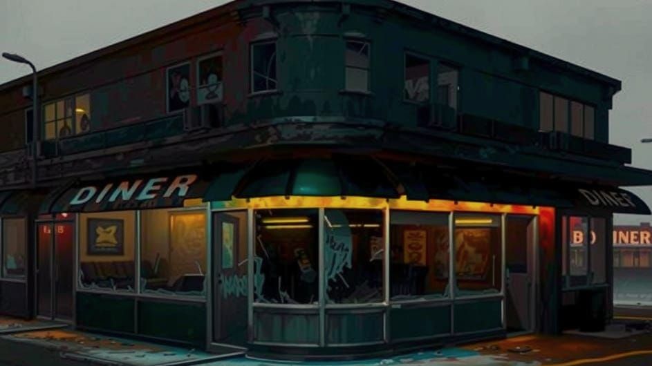 Abandoned Diner in Post-Apocalyptic Urban Landscape