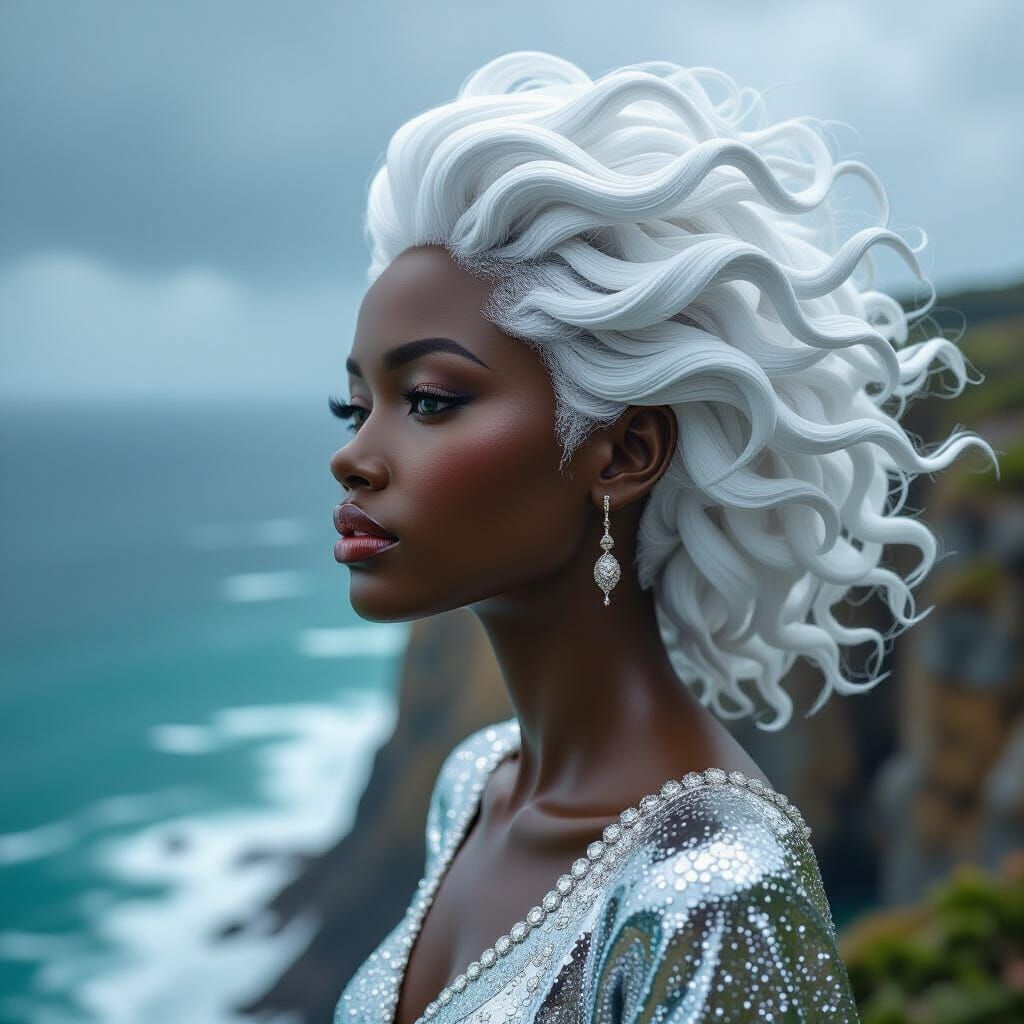 Hyperrealistic Metal Sculpture of Woman on Cliff