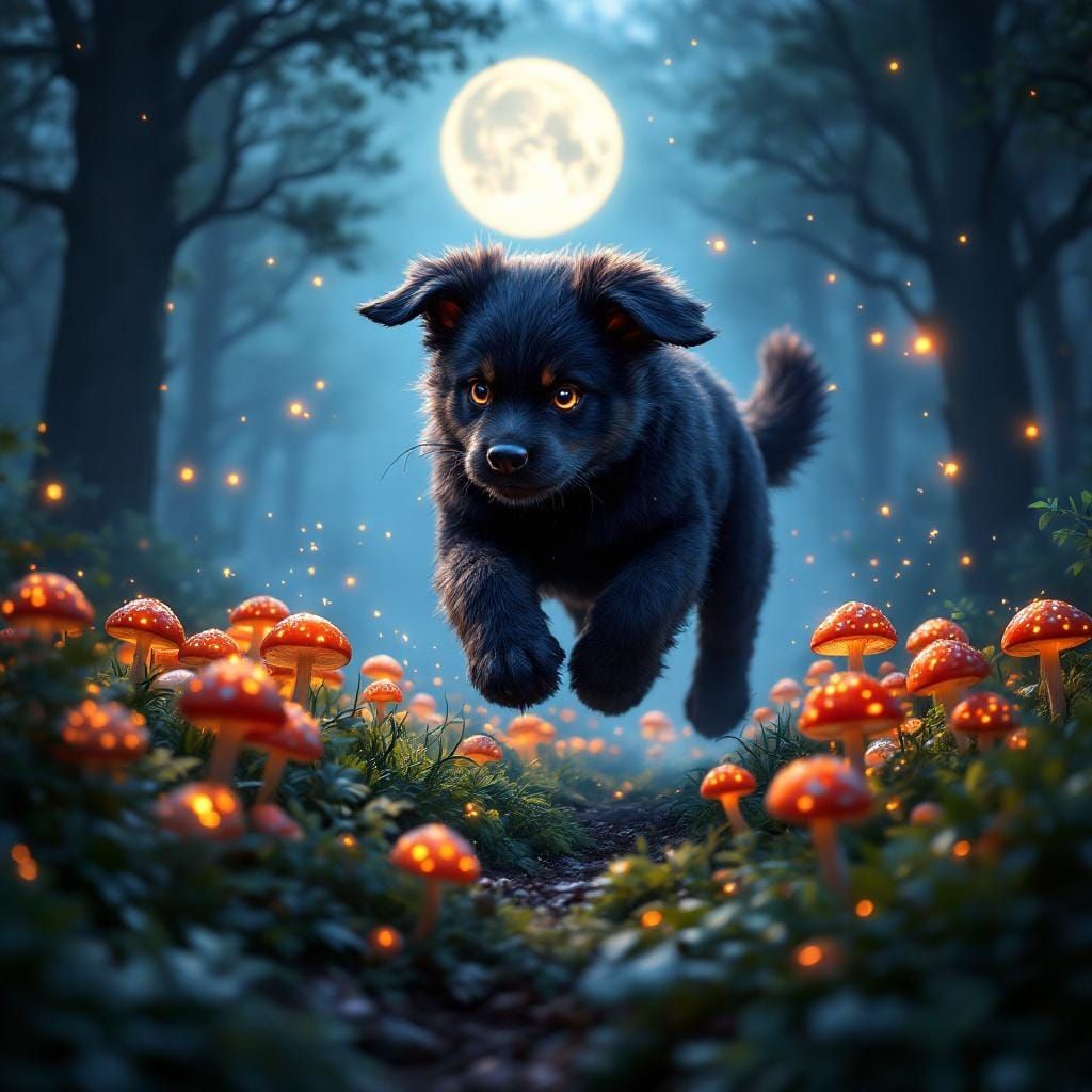 Hellhound Puppy's Bioluminescent Forest Adventure