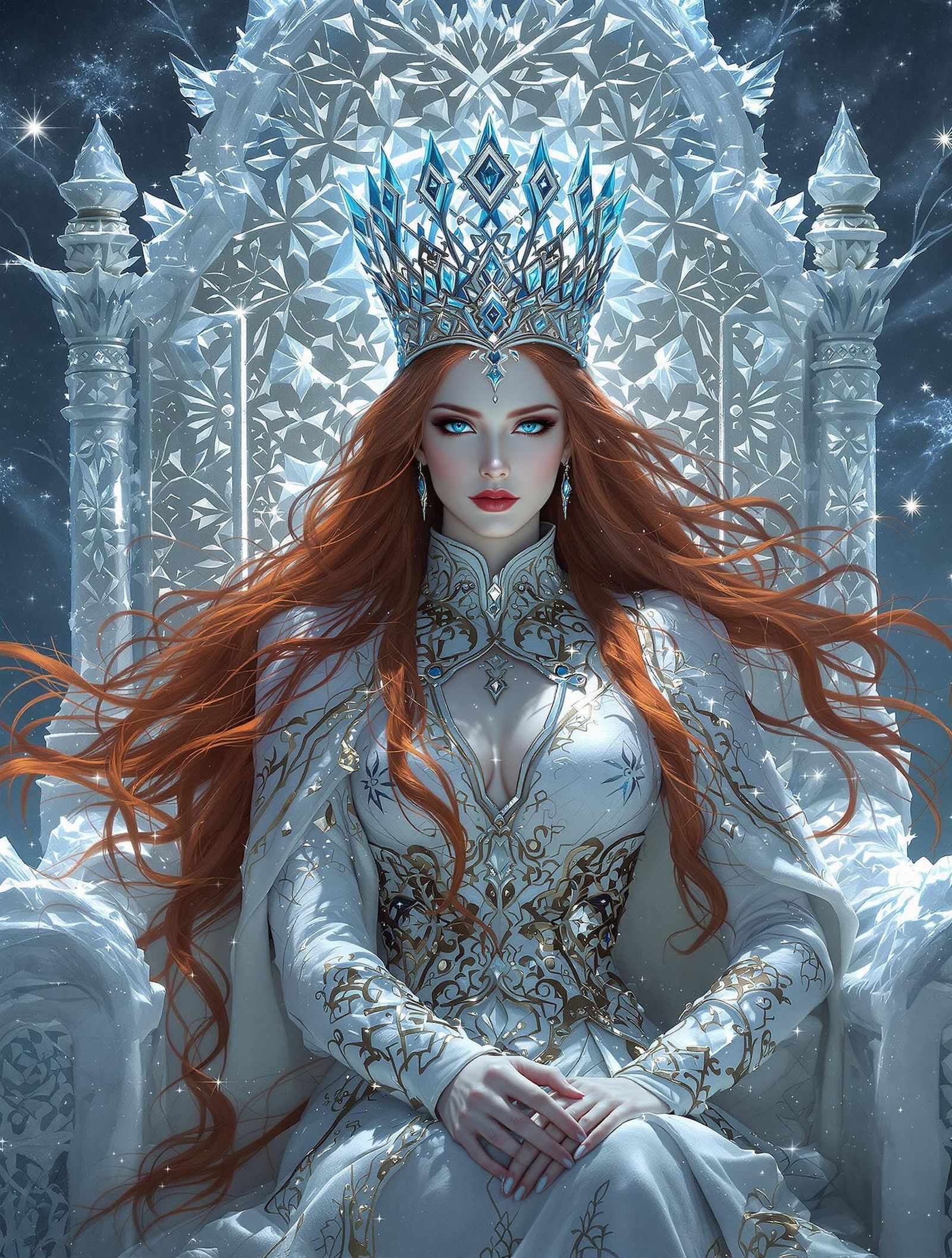 Snow Queen on Ice Throne in Dark Fantasy Realism