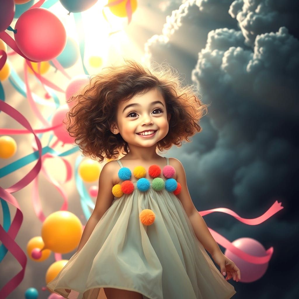 Whimsical Girl in Tornado of Joy, Detailed Matte Painting