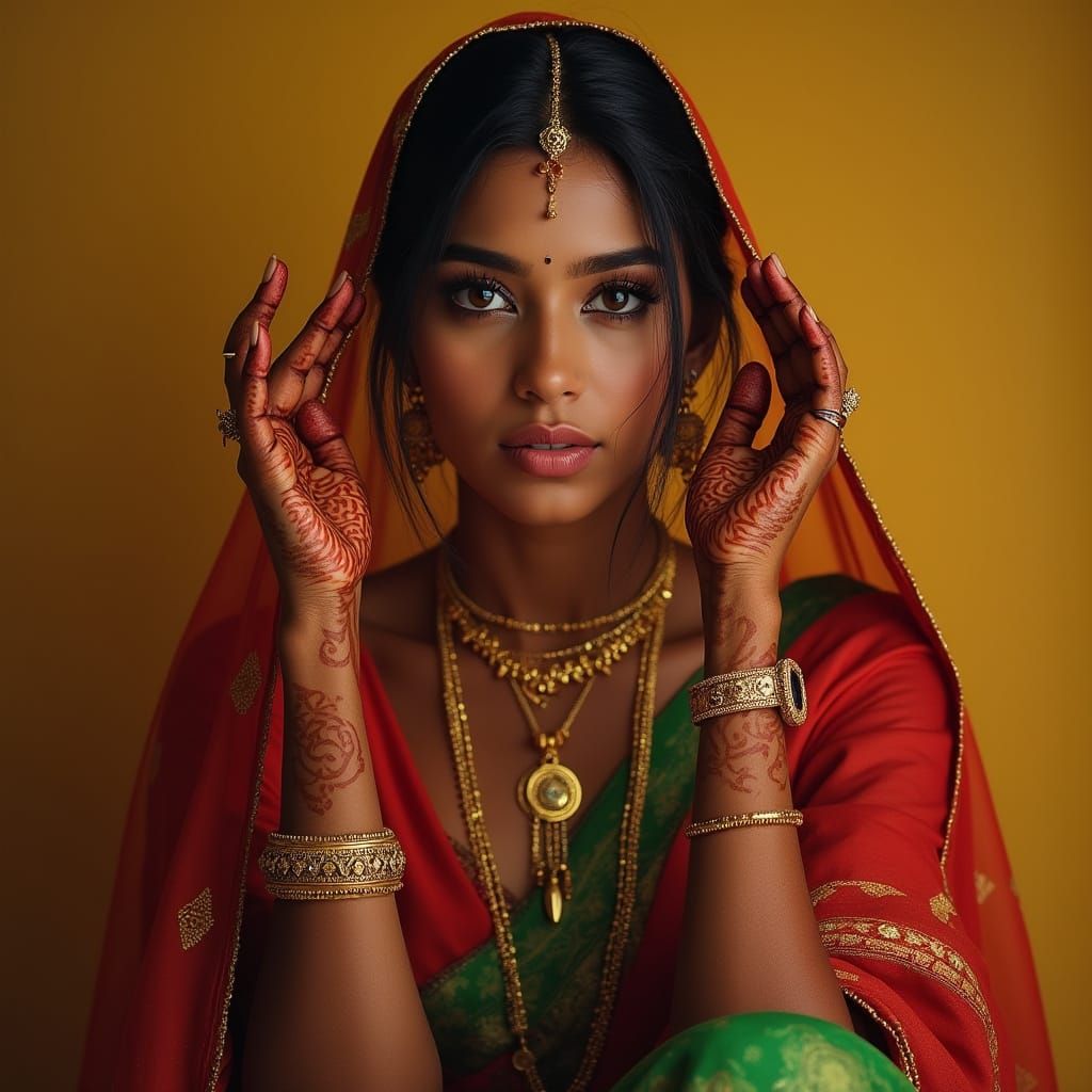 Indian Sari-clad Woman Adorned with Intricate Henna Tattoos