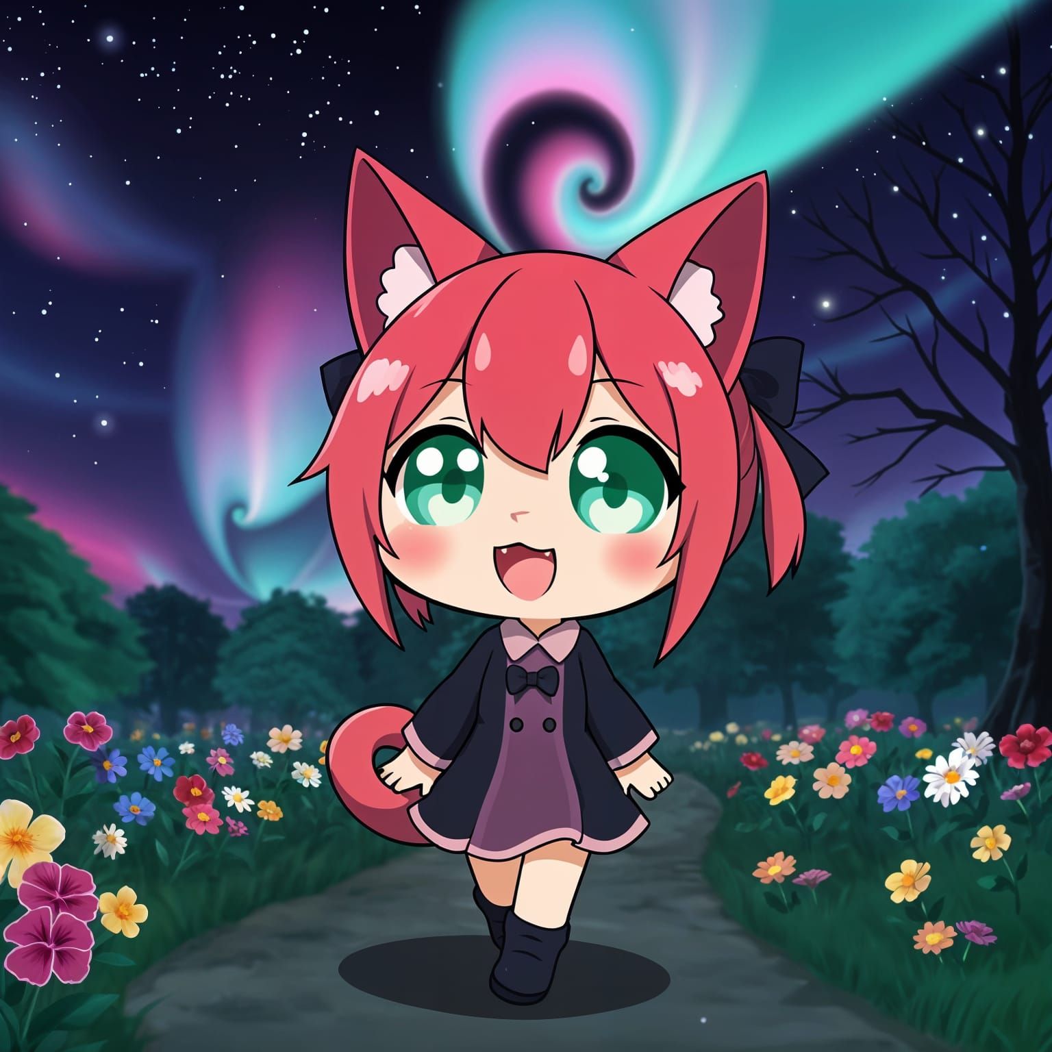 Whimsical Catgirl Strolls Under Starry Night Sky with Aurora