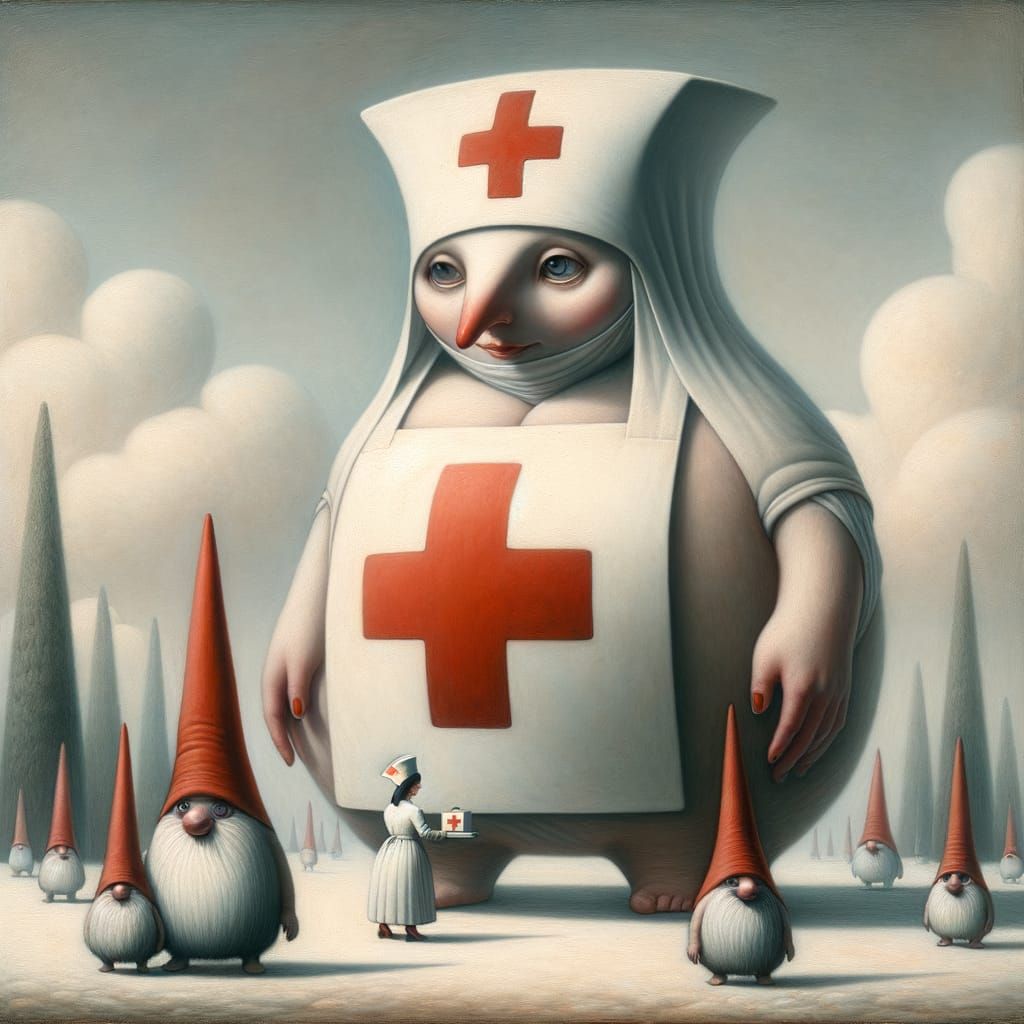 Surreal Nurse Tends to Gnomes in Modernist Style
