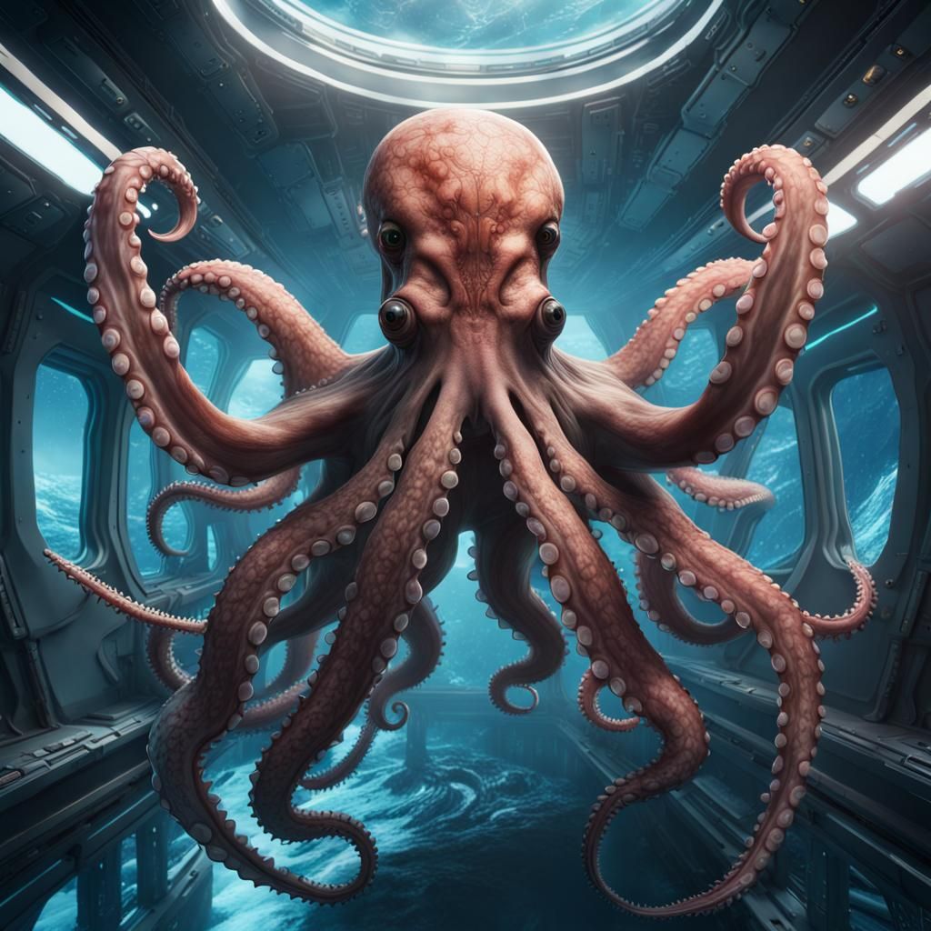 Humanoid Octopus Aliens in Spaceship: Detailed Matte Paintin...