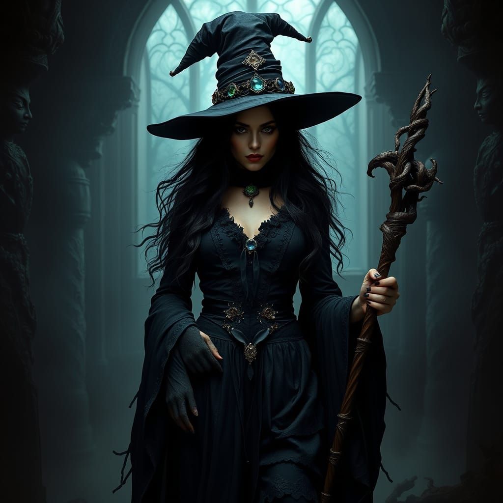 Dark Gothic Witch Armani from Harry Potter with Wand and Wiz...