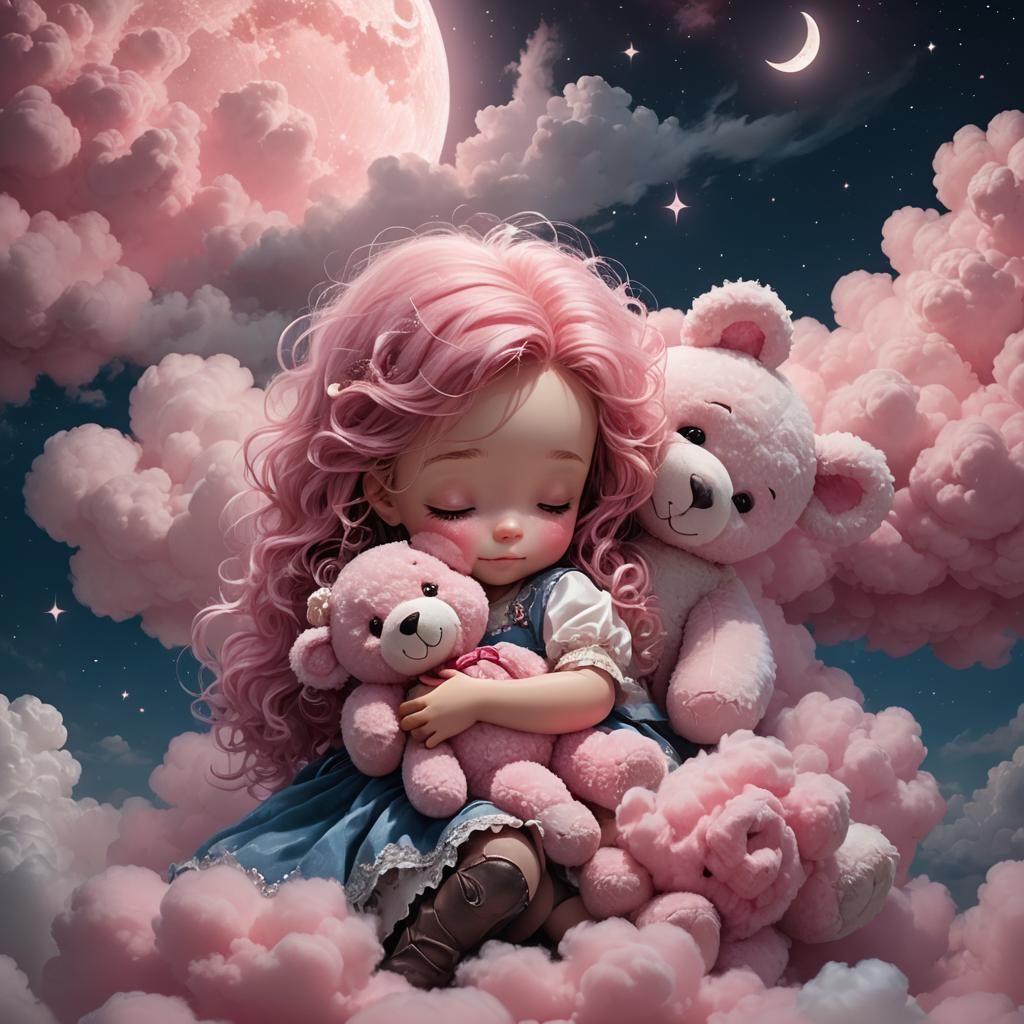 Dreamlike Girl with Pink Teddy Bear in Sky