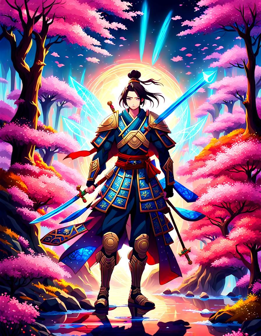 Heroic Samurai in Mystical Forest: Anime Oil Painting