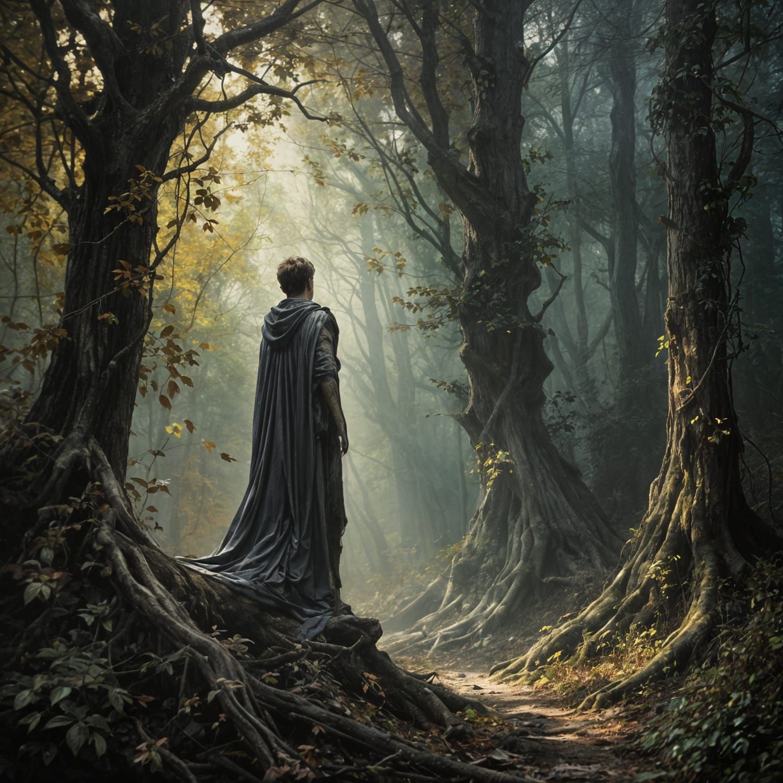 Solitary Figure Amidst Dark Woodland