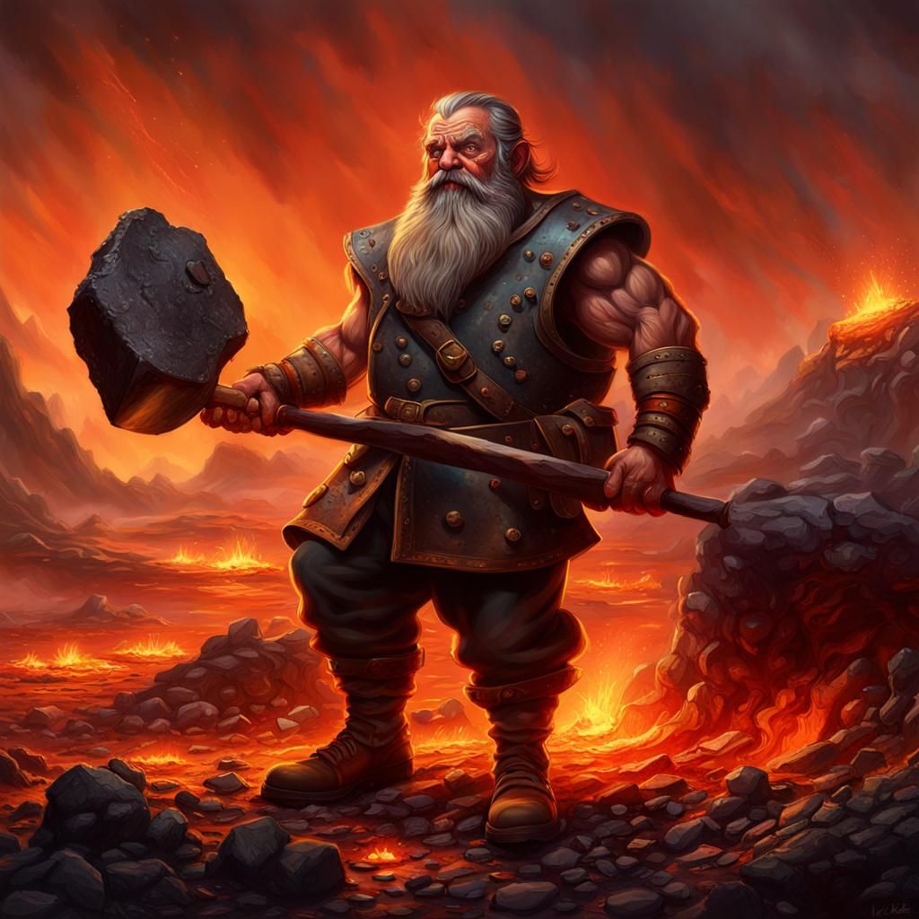 Dwarf Blacksmith Working Near Lava Field as Matte Painting