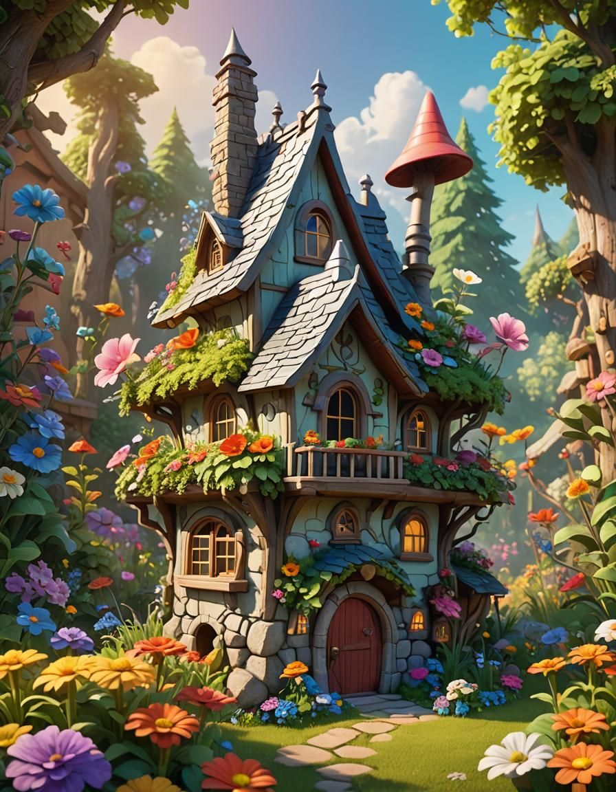 Gnome House in Summer Flowers: 3D Digital Art