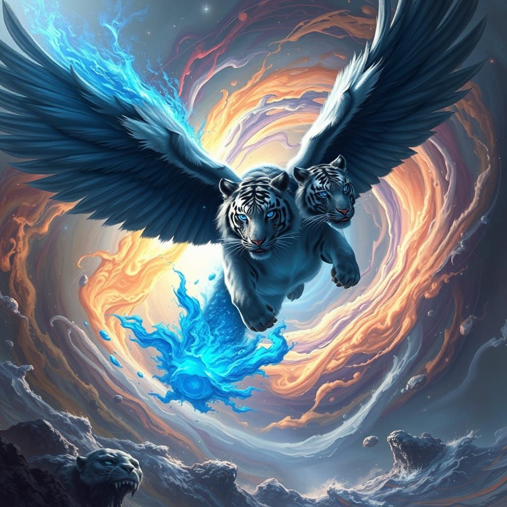Winged Tiger Soaring Through Cosmic Vortex
