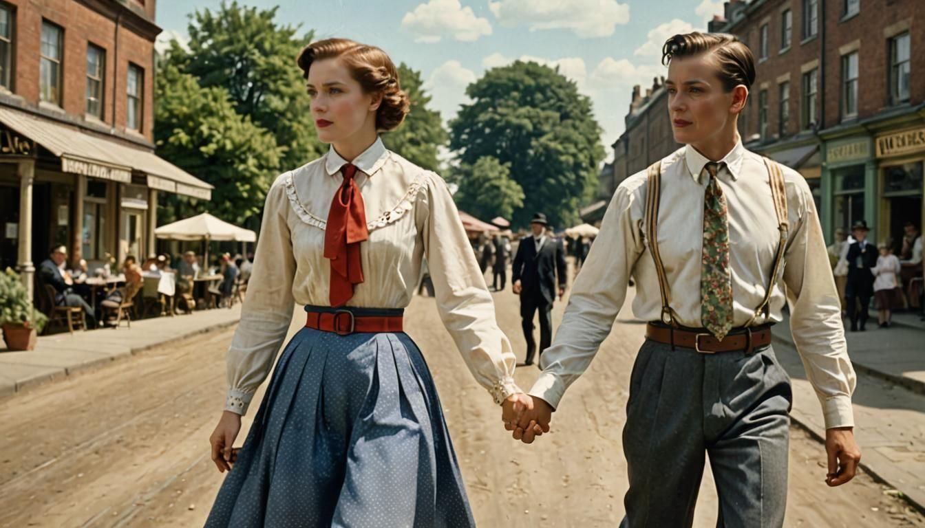 Elegant Woman and Man Strolling in Sunny Street