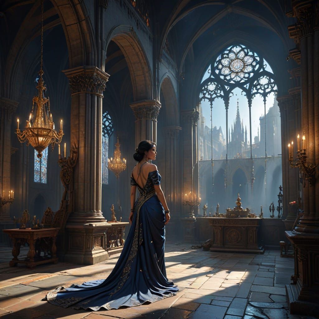 Ethereal Gothic Goddess in Dark Blue Saree, Photorealistic A...